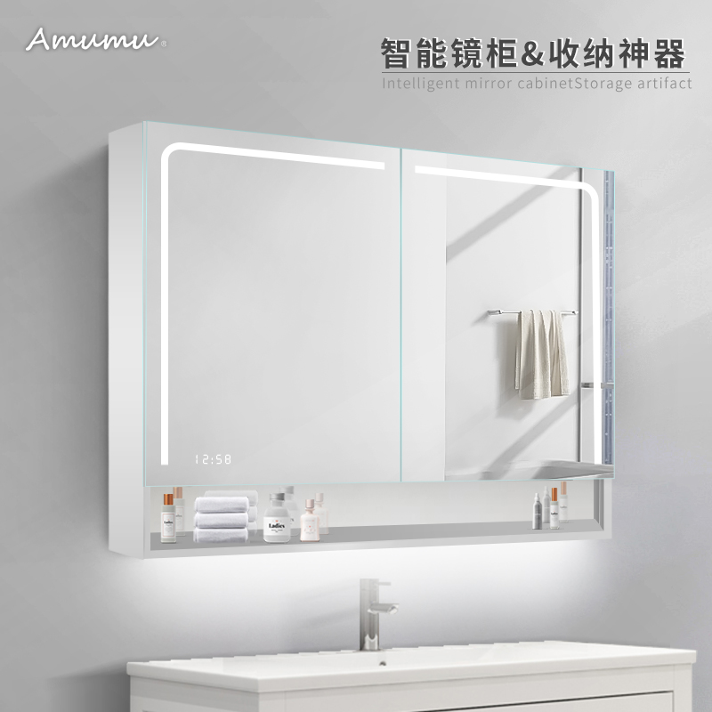 Smart Bathroom Mirror Cabinet Wall-mounted with rack washing table mirror with lamp makeup case Dressing Room Mirror Cabinet Hanging Wall Style