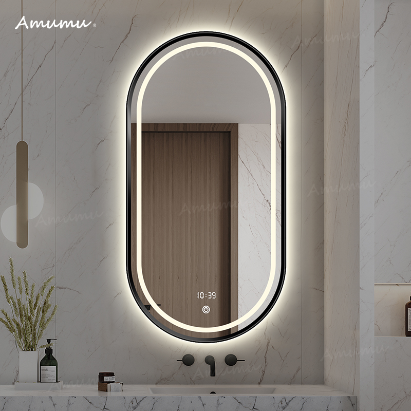 Oval bathroom mirror with light led makeup mirror custom bathroom mirror anti-fog led smart powder room mirror wall hanging