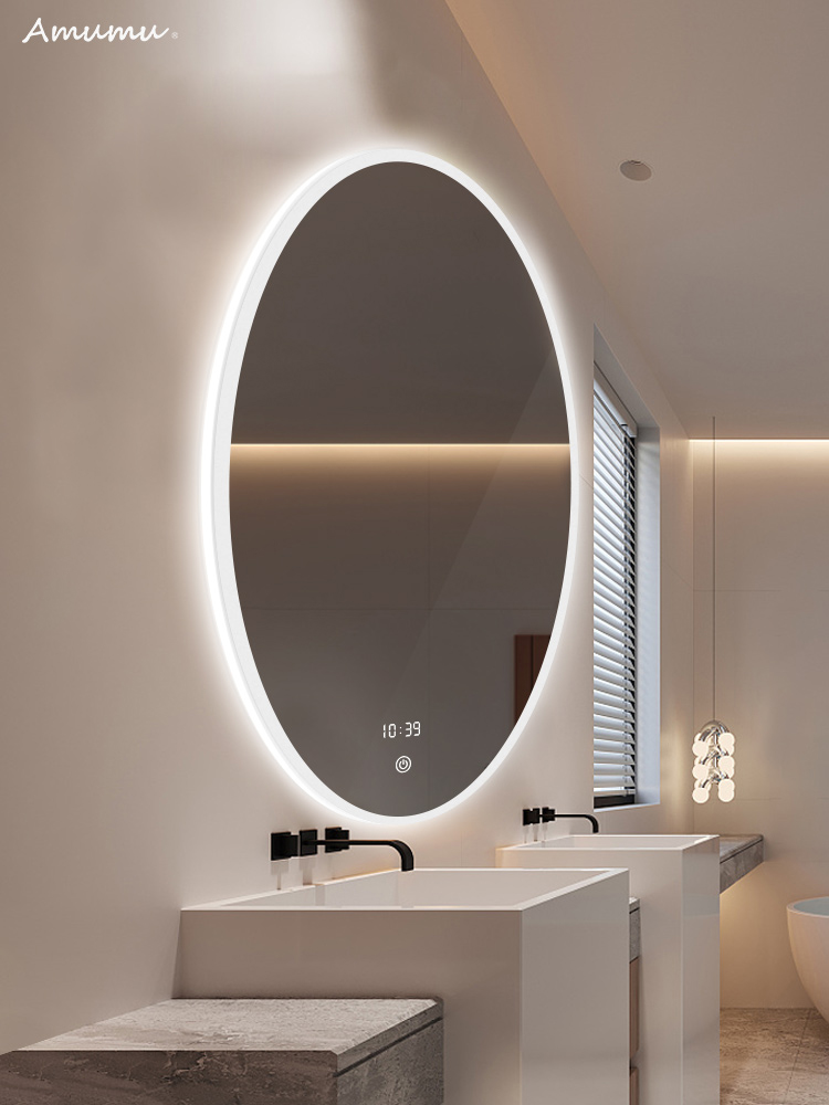 Oval Bathroom Mirror Led Luminous Make-up Room Anti-Fog Hanging Wall Makeup Bench Mirror Intelligent Makeup Big Round Mirror Hanging Wall