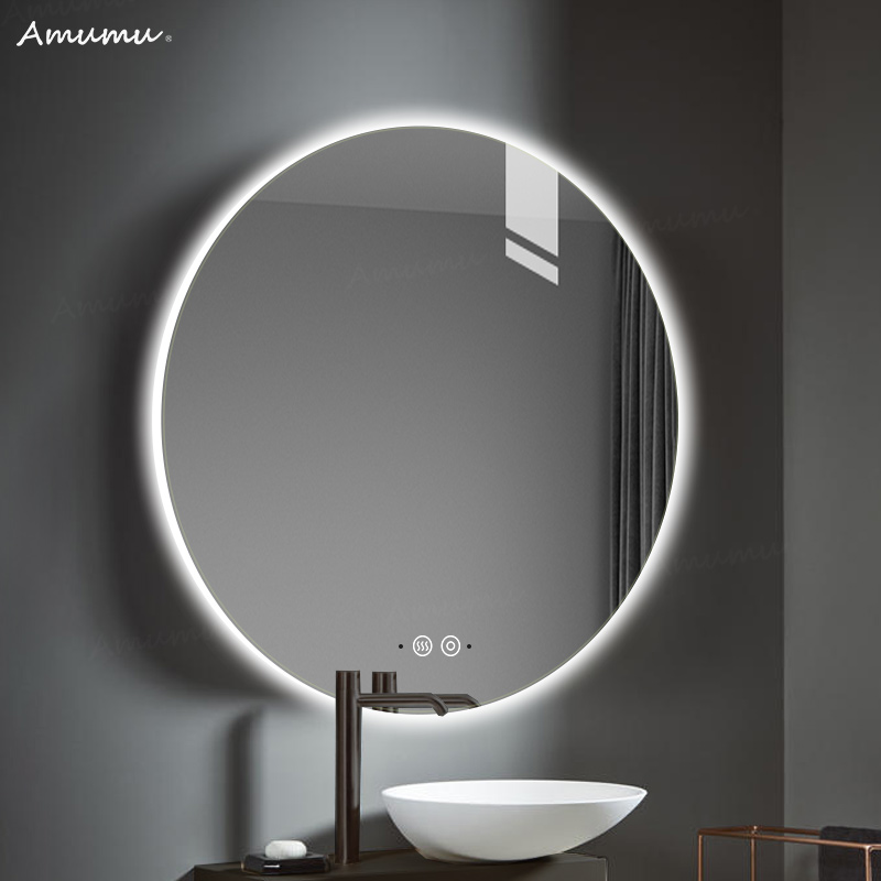 Round bathroom mirror Intelligent de-atomization makeup room mirror with lamp led mirror wall-mounted toilet round mirror bathroom mirror