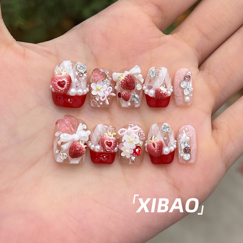 Red French Style Short Press-On Nails, Handmade, Brightening, Strawberry Design, 2026 New Model, High-End Nail Stickers Red French Style Short Press-On Nails, Handmade, Brightening, Strawberry Design, 2026 New Model, High-End Nail Stickers