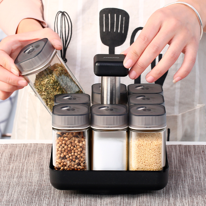 Emino Rotating Glass Seasoning Bottle Seasoning Jar 9-Piece Set European-style Household Seasoning Seasoning Box Kitchen Supplies