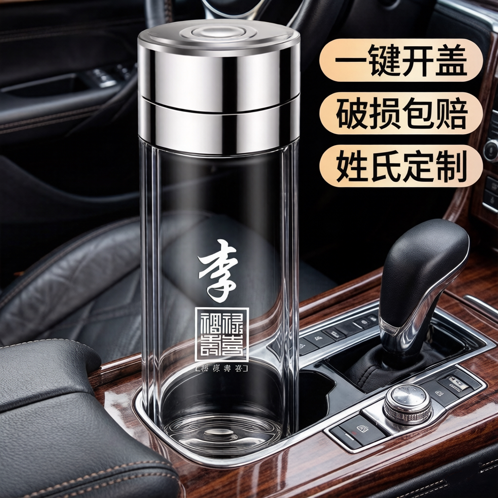 2025款速开泡茶杯双层玻璃杯男女士车载按压一键开盖开车专用水杯
