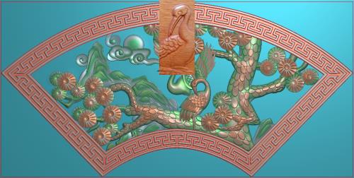 Sculpted figure fan-shaped pine crane extension year crane figure back pattern border brick carving wood carving pendant stone carving pine tree crane sun L