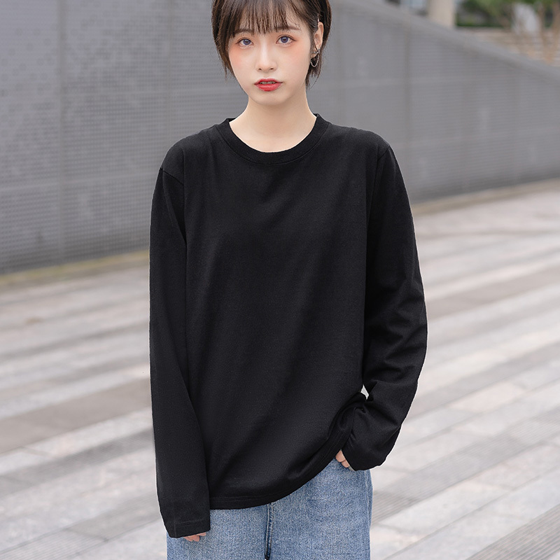 Black Pure Cotton Long-Sleeved T-Shirt for Women, Spring and Autumn, Loose and Versatile Top, Simple Plain Basic Style, Inner Layering Shirt