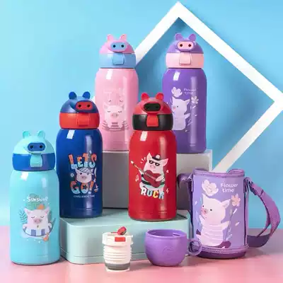 Intelligent temperature measurement Stainless steel children's thermos cup straw Cartoon cup Portable kettle anti-drop water children's cup with straw