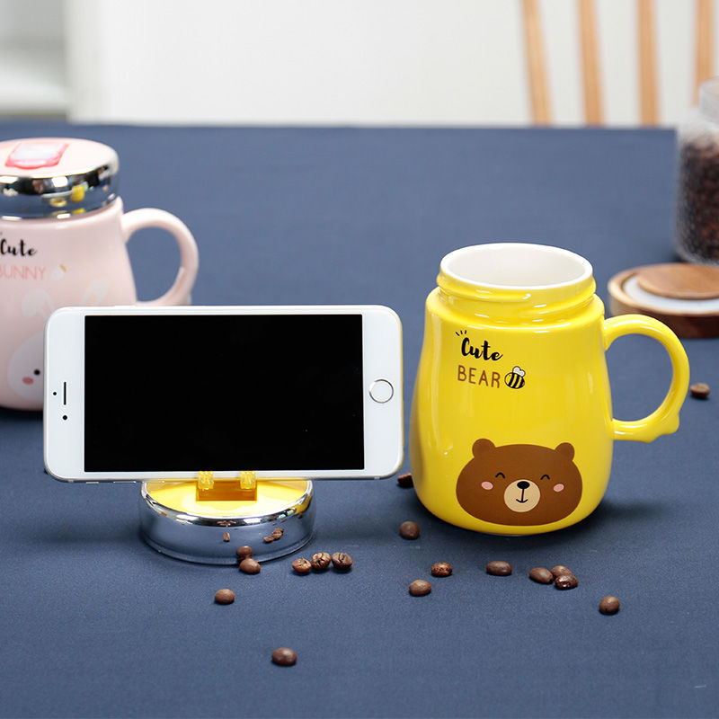 Office keller cup cartoon phone support to ceramic cup with cover teaspoons of household water cup couples cup