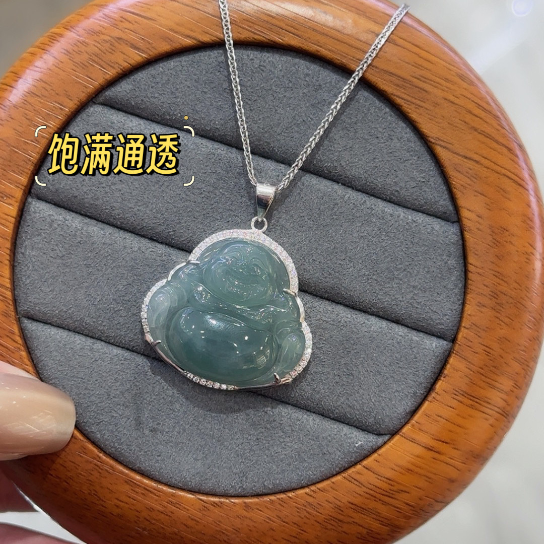 Серебряное ожерелье s925纯银镶嵌翡翠佛公吊坠女款时尚百搭项炼送男士项炼 0001