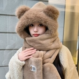 Демисезонная милая шапка, бархатный утепленный шарф, перчатки с капюшоном, комплект, с медвежатами, плюшевая, 3 предмета