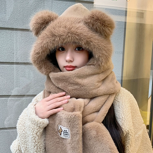 Демисезонная милая шапка, бархатный утепленный шарф, перчатки с капюшоном, комплект, с медвежатами, плюшевая, 3 предмета