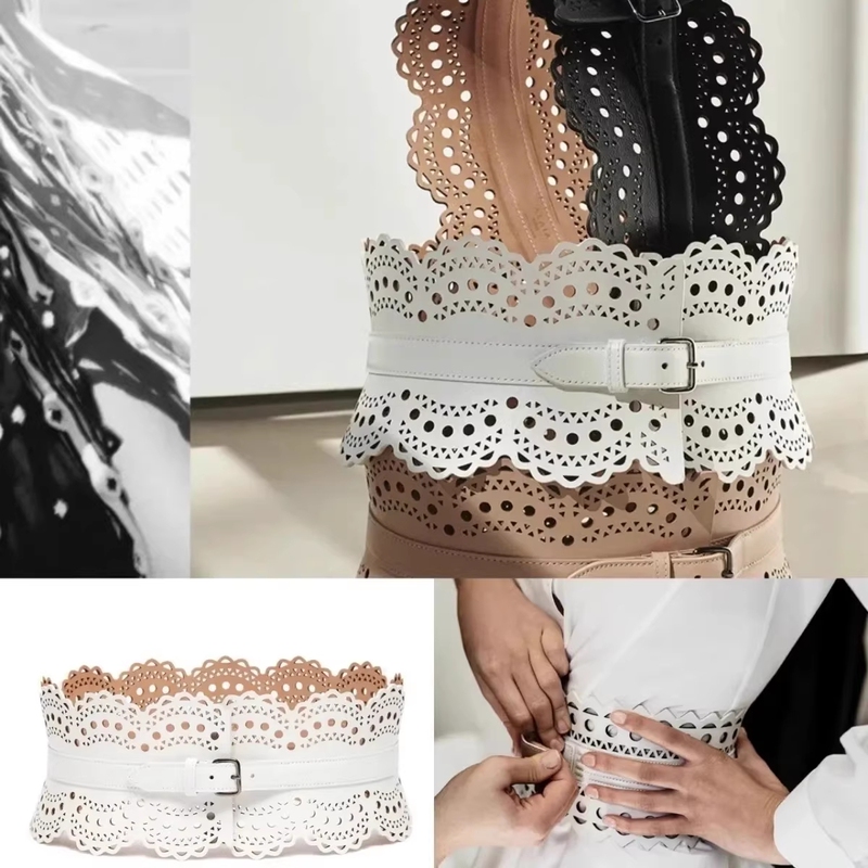 Fashion Ultra-Wide Hollow Waist Cincher Shirt with Italian Leather Design Decorative Dress Wide Belt