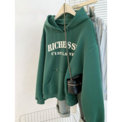 American-Style Hooded Sweatshirt for Women 2025 New Spring and Autumn Loose Fit Fleece-Lined Lazy Style Trendy Top for Petite Figures