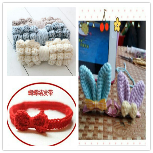 Manual Wool Thread Crochet Woven Hair Accessories Rabbit Ear Clip Butterfly Knot Hair with popcorn Butterfly Knot Electronic diagrams