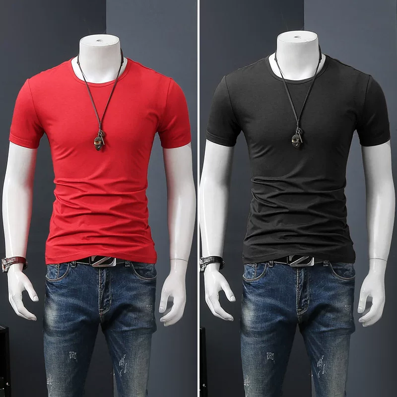 Летняя черная трендовая футболка с коротким рукавом и круглым вырезом, slim fit