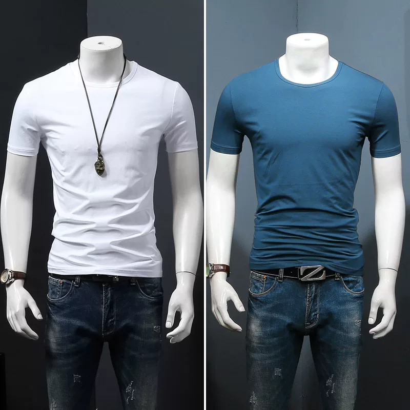 Летняя черная трендовая футболка с коротким рукавом и круглым вырезом, slim fit