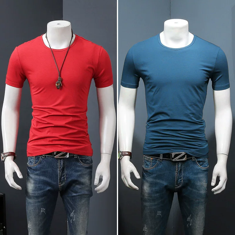 Летняя черная трендовая футболка с коротким рукавом и круглым вырезом, slim fit