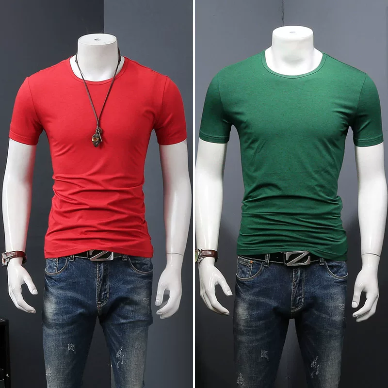 Летняя черная трендовая футболка с коротким рукавом и круглым вырезом, slim fit