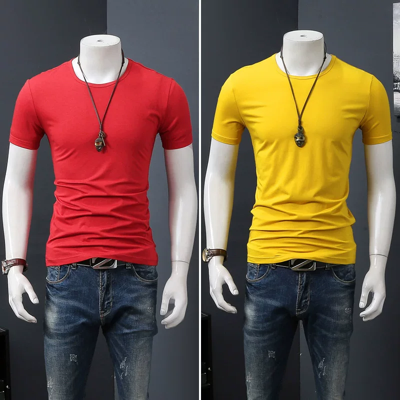 Летняя черная трендовая футболка с коротким рукавом и круглым вырезом, slim fit