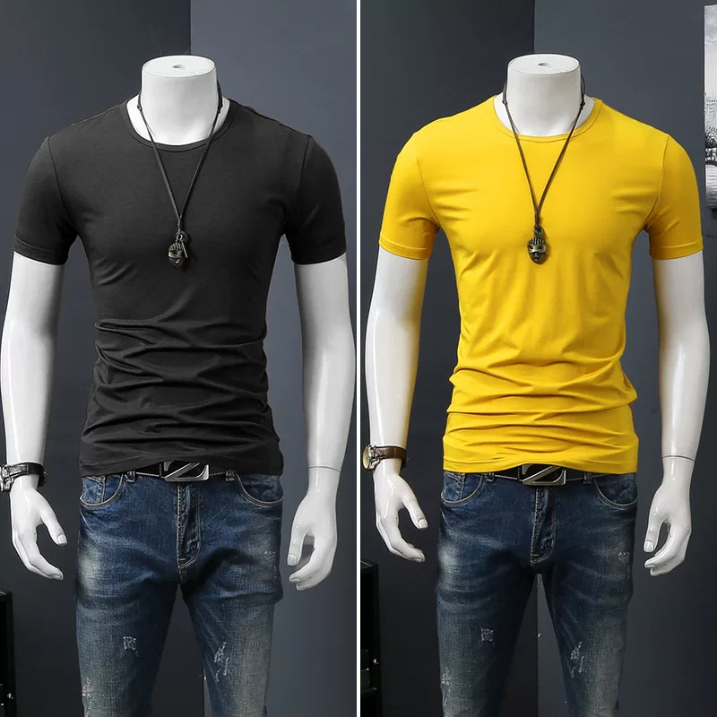 Летняя черная трендовая футболка с коротким рукавом и круглым вырезом, slim fit