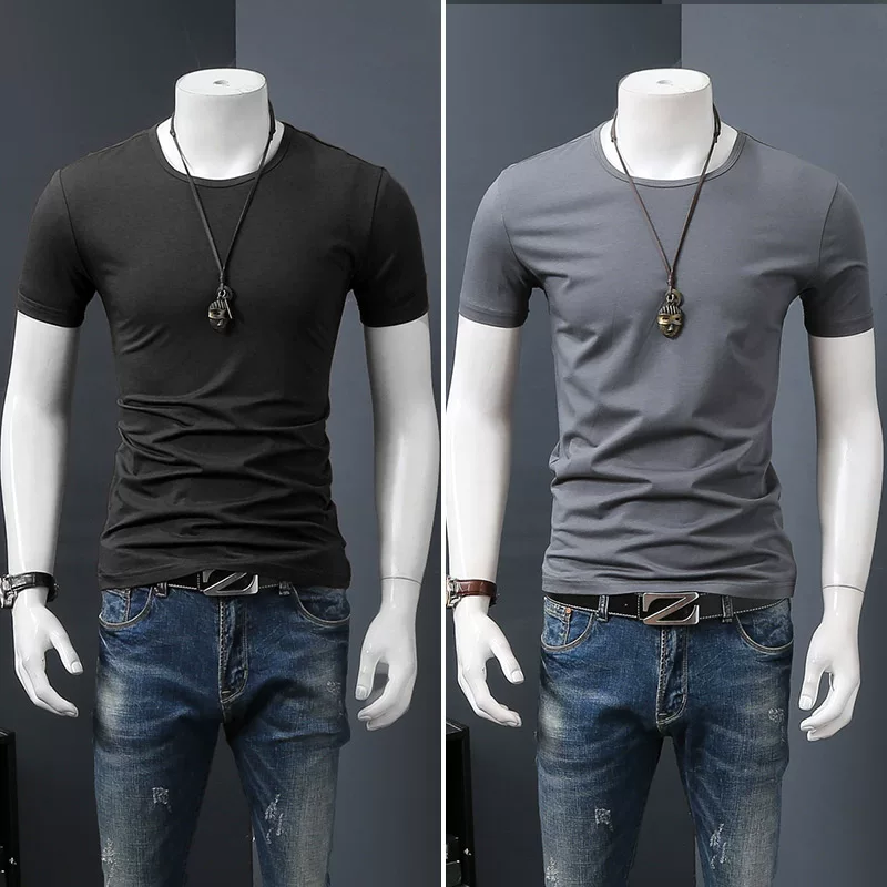 Летняя черная трендовая футболка с коротким рукавом и круглым вырезом, slim fit