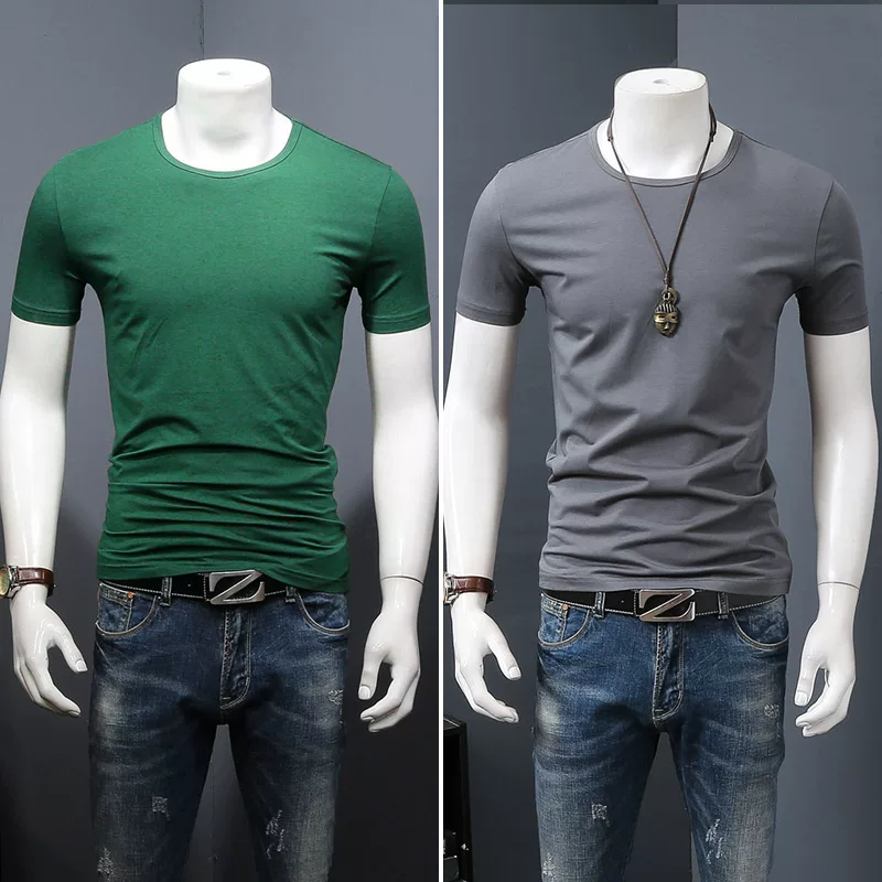 Летняя черная трендовая футболка с коротким рукавом и круглым вырезом, slim fit