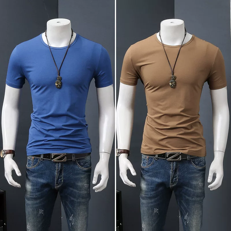 Летняя черная трендовая футболка с коротким рукавом и круглым вырезом, slim fit