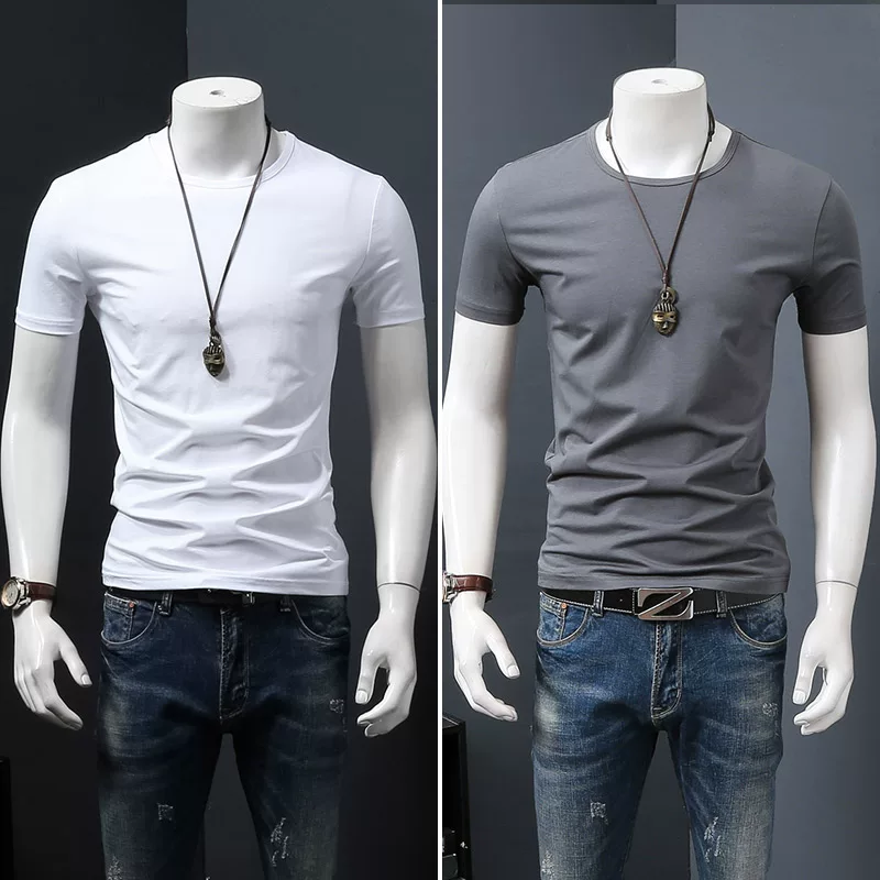 Летняя черная трендовая футболка с коротким рукавом и круглым вырезом, slim fit