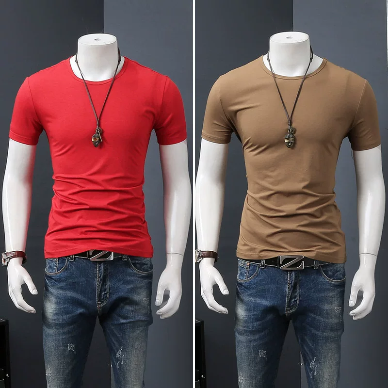 Летняя черная трендовая футболка с коротким рукавом и круглым вырезом, slim fit