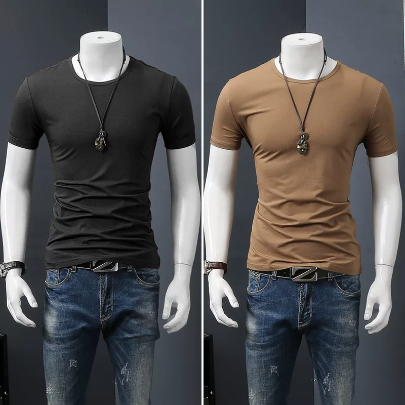Летняя черная трендовая футболка с коротким рукавом и круглым вырезом, slim fit