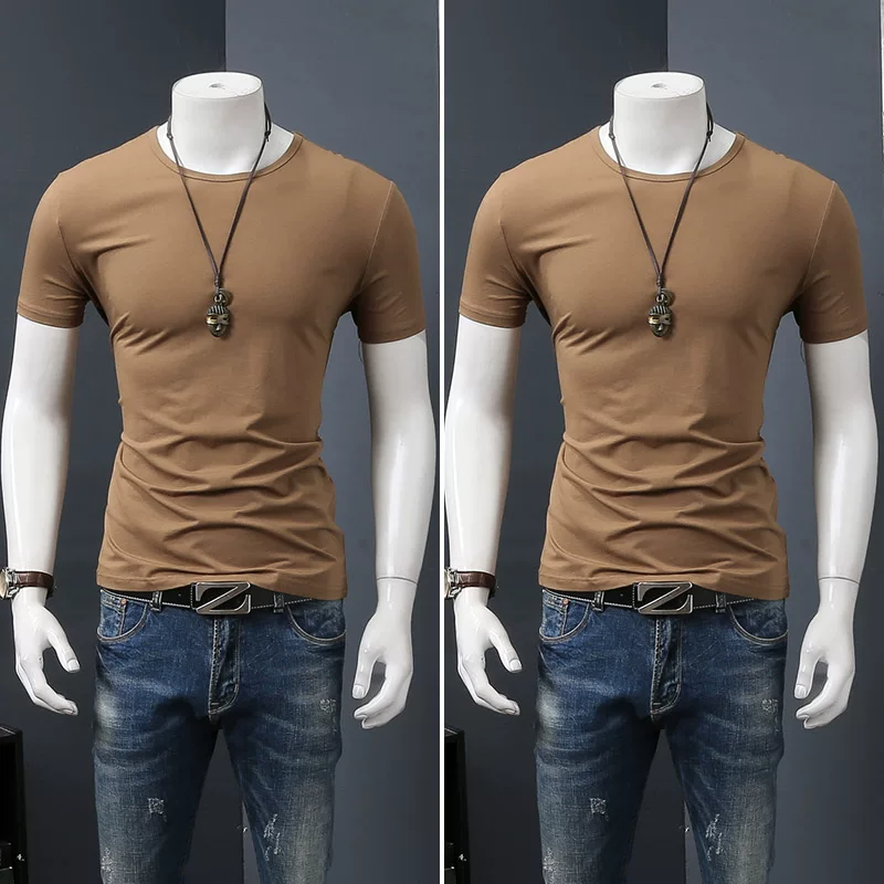 Летняя черная трендовая футболка с коротким рукавом и круглым вырезом, slim fit