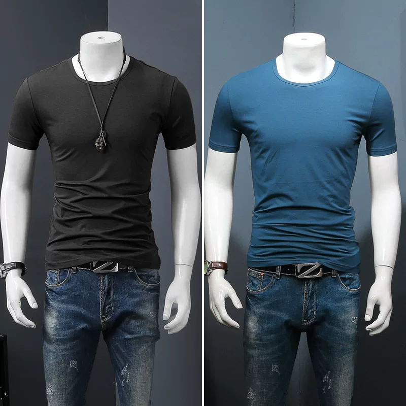 Летняя черная трендовая футболка с коротким рукавом и круглым вырезом, slim fit