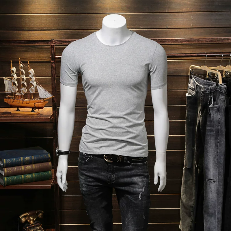 Летняя черная трендовая футболка с коротким рукавом и круглым вырезом, slim fit