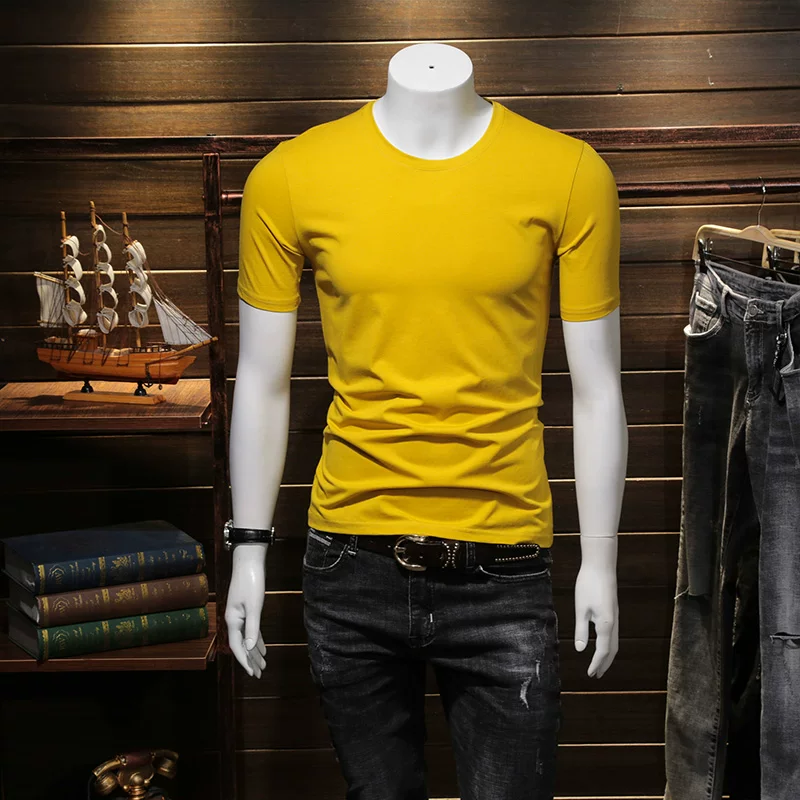 Летняя черная трендовая футболка с коротким рукавом и круглым вырезом, slim fit