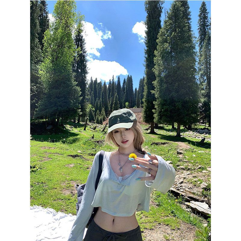 Korean-Style Nude-Feel Soft Long-Sleeve T-Shirt for Women, Short Style with Hollow Back Design, Stylish Blouse Top, New Summer Versatile Piece Korean-Style Nude-Feel Soft Long-Sleeve T-Shirt for Women, Short Style with Hollow Back Design, Stylish Blouse Top, New Summer Versatile Piece