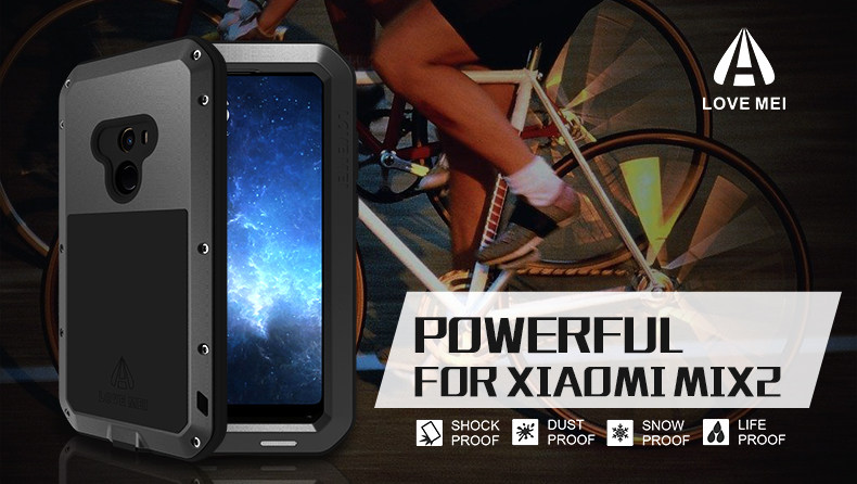 LOVE MEI Powerful Water Resistant Shockproof Dust/Dirt/Snow Proof Aluminum Metal Outdoor Gorilla Glass Heavy Duty Case Cover for Xiaomi Mi MIX 2