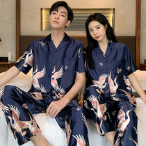 Couple pajamas female summer ice silk mens retro thin two-piece set short sleeve silk summer home clothing Net Red