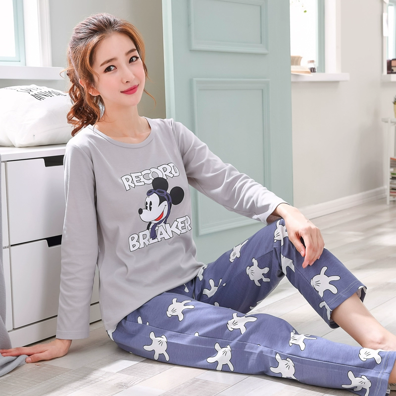 Mùa xuân và mùa thu mới mùa đông cotton dài tay nam nữ thiếu niên thể thao hoạt hình đồ ngủ phù hợp với XL cặp đôi