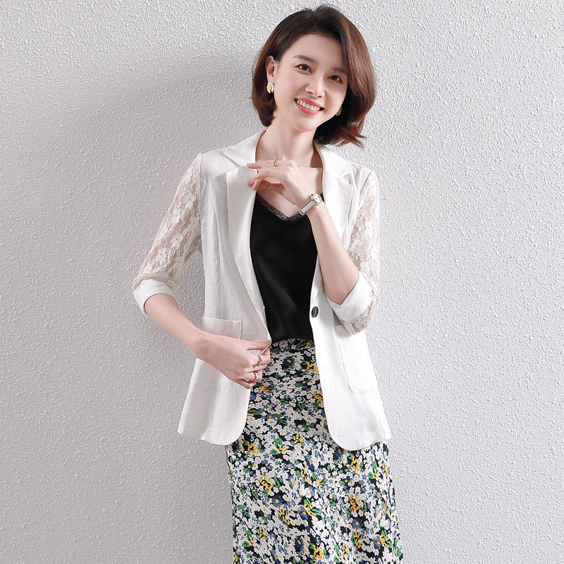 Linen suit jacket women's 2020 autumn new white lace casual Korean version sunscreen thin ladies small suit