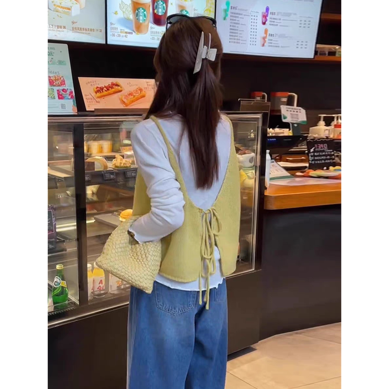 Korean Style Layered Knitted Vest with Back Tie for Women, 2025 Autumn New Fashionable and Youthful Sleeveless Vest