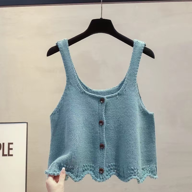 Korean-Style Sweet and Youthful U-Neck Vest for Women, Spring and Summer Crochet Lace Loose Outerwear, Layered Knit Camisole Top