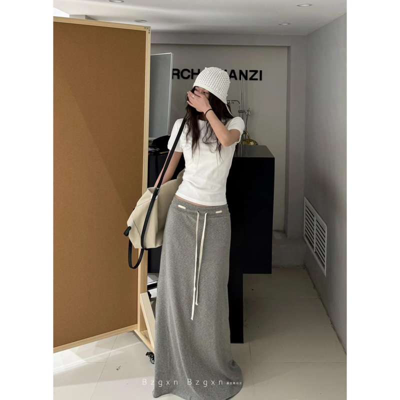 High-Waisted Fairy-Style 175cm Tall Women's Skirt with Contrasting Color Waistband, Spring and Autumn Elastic Slimming Mid-Length Skirt High-Waisted Fairy-Style 175cm Tall Women's Skirt with Contrasting Color Waistband, Spring and Autumn Elastic Slimming Mid-Length Skirt