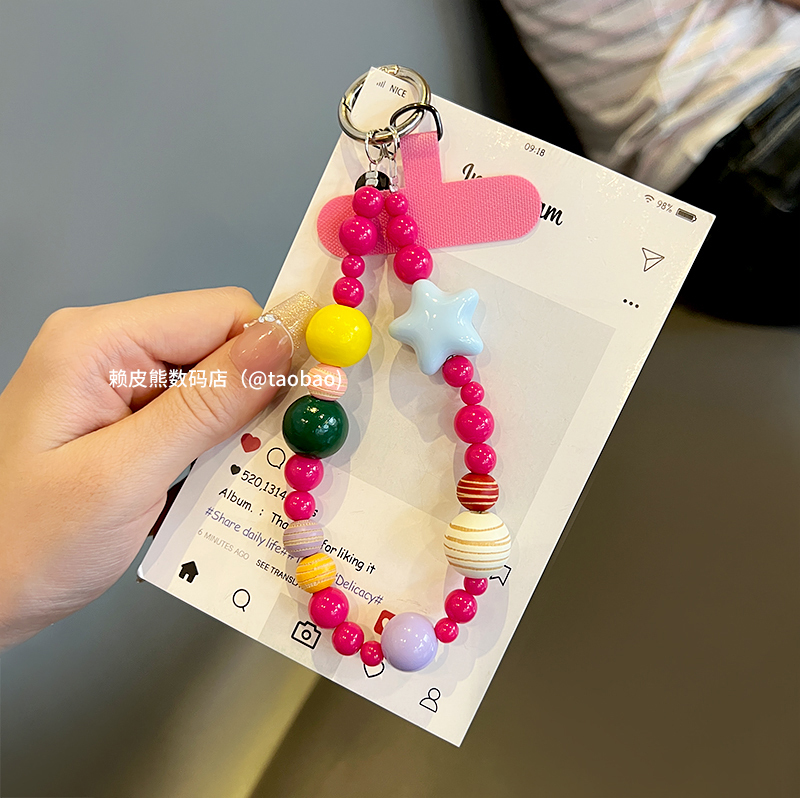Niche ins Handmade Beaded Color-Block Phone Chain Wrist Strap Lanyard Short Ccd Camera Keychain Bag Anti-Loss