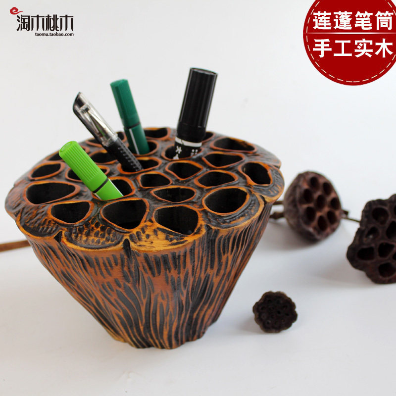 Wooden pen holder creative retro solid wood lotus pod wooden storage Chinese style handicraft decoration birthday gift