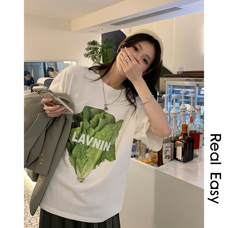 Ayi Cabbage Salad Printed Short Sleeve T-Shirt for Women, Summer Loose Fit, Slimming, Casual, Pure Cotton Base Shirt