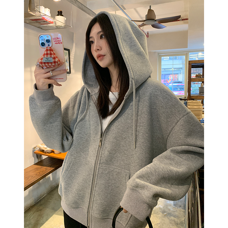 Ayi Double-Sided Cotton Zip-Up Hooded Sweatshirt for Women, New Spring Style, Loose Fit, Gray Casual Solid Color Cardigan Jacket