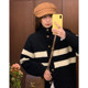 Ayi Soft and Glutinous Circle Yarn Striped Sweater Women's Autumn and Winter Loose Lazy High-neck Wool Knitted Cardigan