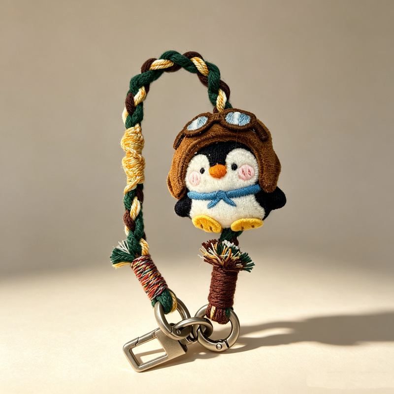 Cute Penguin Pilot Handmade Woven Keychain Mobile Phone Pendant Bag Decoration Cartoon Animal Anti-Lost 015
