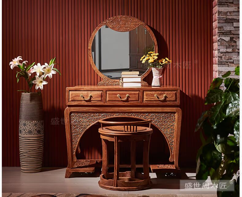 Zhou Carpenter Mahogany Bàn trang điểm Rosette Bàn trang điểm với Bộ bàn ghế Đồ nội thất bằng gỗ hồng mộc Nội thất Trung Quốc hiện đại AE1 nội thất thông minh