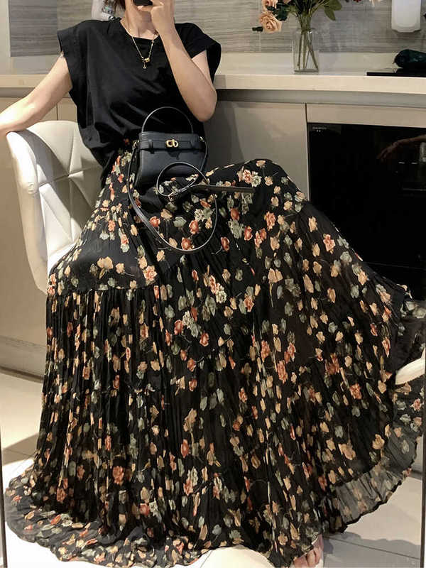 Chiffon Tulip Floral Skirt for Women 2026 Summer New High-Waisted Drapey A-Line Tiered Cake Skirt Long Skirt