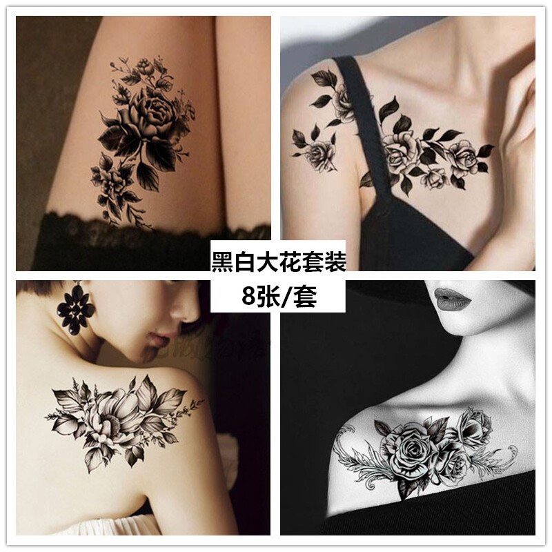 New Set of Sexy Black and White Large Flower Rose Beautiful Hand-Painted Tattoo Stickers Waterproof Long-Lasting Realistic Scar Covering